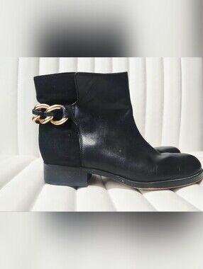 Sam Edelman Women's Black Ankle Boots with Gold Chain Accent